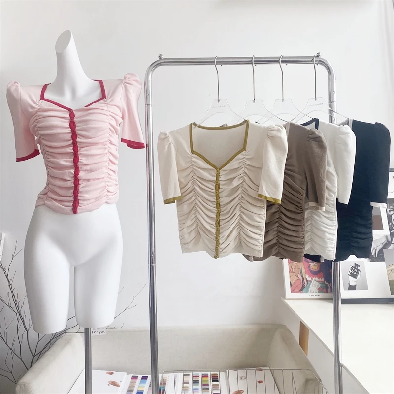 

Elegant Slim Pleated Short Sleeve T-Shirt Tops Solid Color Spring Autumn Slim-Fit Tshirt Elasticity Tee