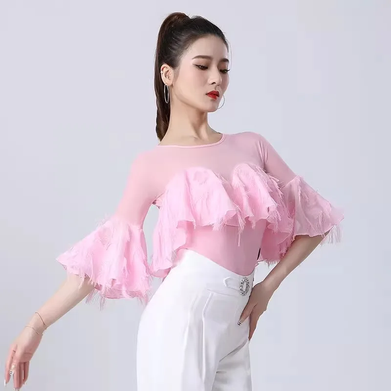 2023 New Half-sleeved Waltz Blouse Women Modern Dance Clothes  Bodysuit Ballroom Latin Dance Leotard Tops