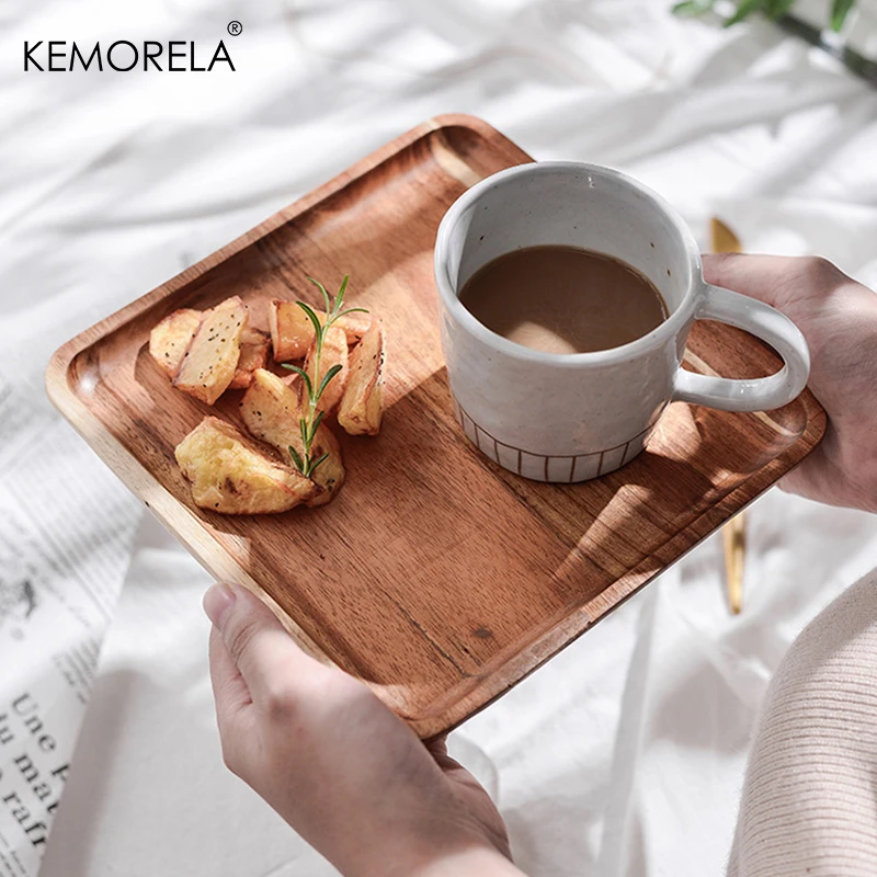 1PCS Acacia Wood Coffee Tray Food CupTrays Decorative Wood Tray Dessert Bamboo Tray Gongfu Tea Tray Kitchen Storage Accessories