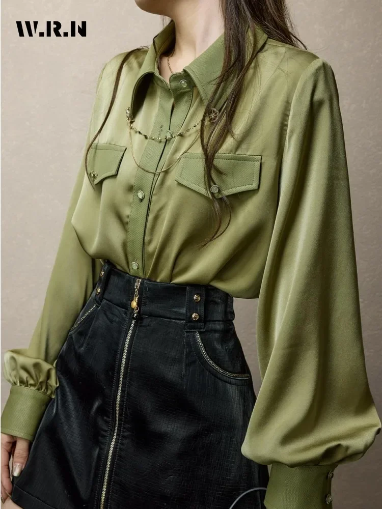 Casual zielone miękkie eleganckie koszule z długim rękawem i kołnierzykiem 2024, wiosenne, damskie, klasyczne, biurowe, damskie bluzki w jednolitym kolorze