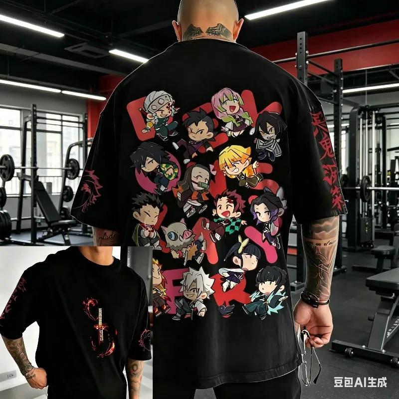 

2026 Trendy Demon Slayer Hashira All Characters Front Back Printed Mens Cotton T Shirt Summer Anime Graphic Streetwear Black Tee