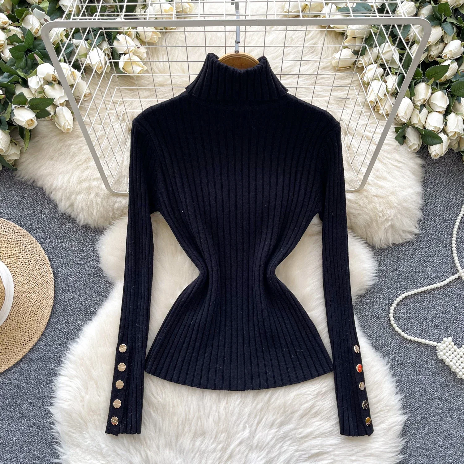 Vintage Turtleneck Basics Long Sleeve Chic Metal Buttons Vertical Knit Top Women Fashion High Street Autumn Winter Slim Clothing