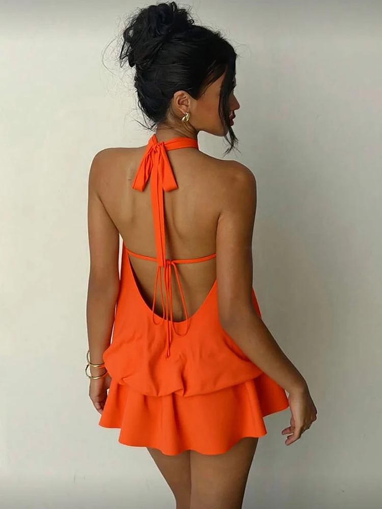 Cutenew Abito sexy senza schienale con scollo all'americana Donna Y2K Hollow Bubble senza maniche Doppio strato Vacanza estiva Midnight Clubwear Aderente