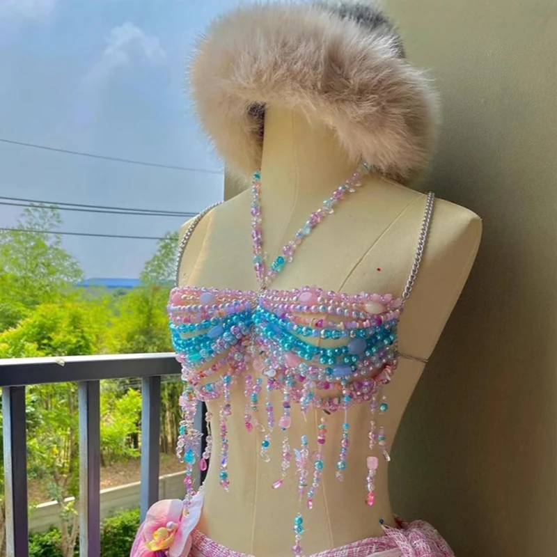 Sexy Women'S Handmade Tops Colorful Pearls Vest Sexy Ombre Beads Bustier Camisole Bra Chain Romantic Tank Top