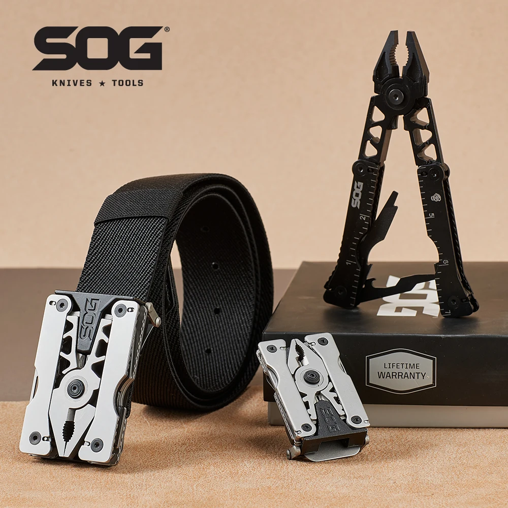 SOG Sync Mini Wearable Multitool Belt Buckle EDC Traveler Multi Tools Folding Pliers, Knife and 12 Survival Tools Kit For Men