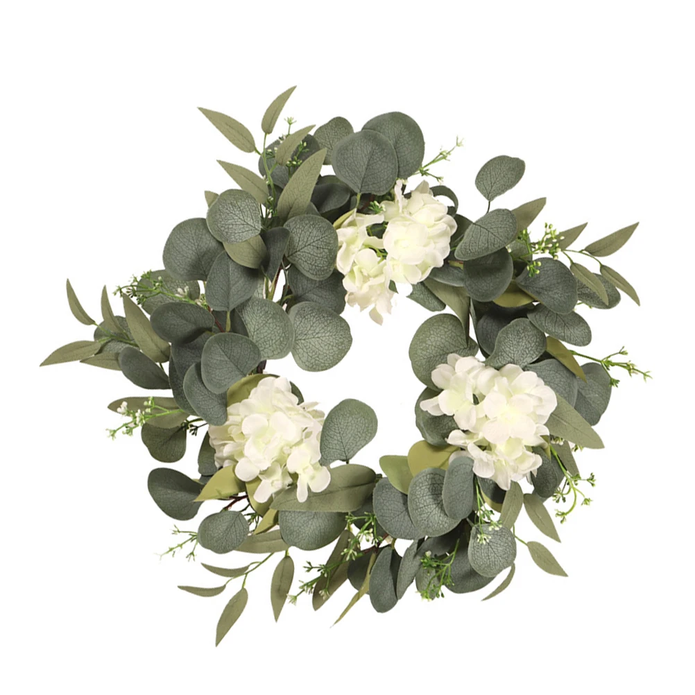 

Artificial Hydrangea Wreath Eucalyptus Leaves Garland Home Decor Rustic Style Spring Theme Wall Hanging Green Plant Wreath