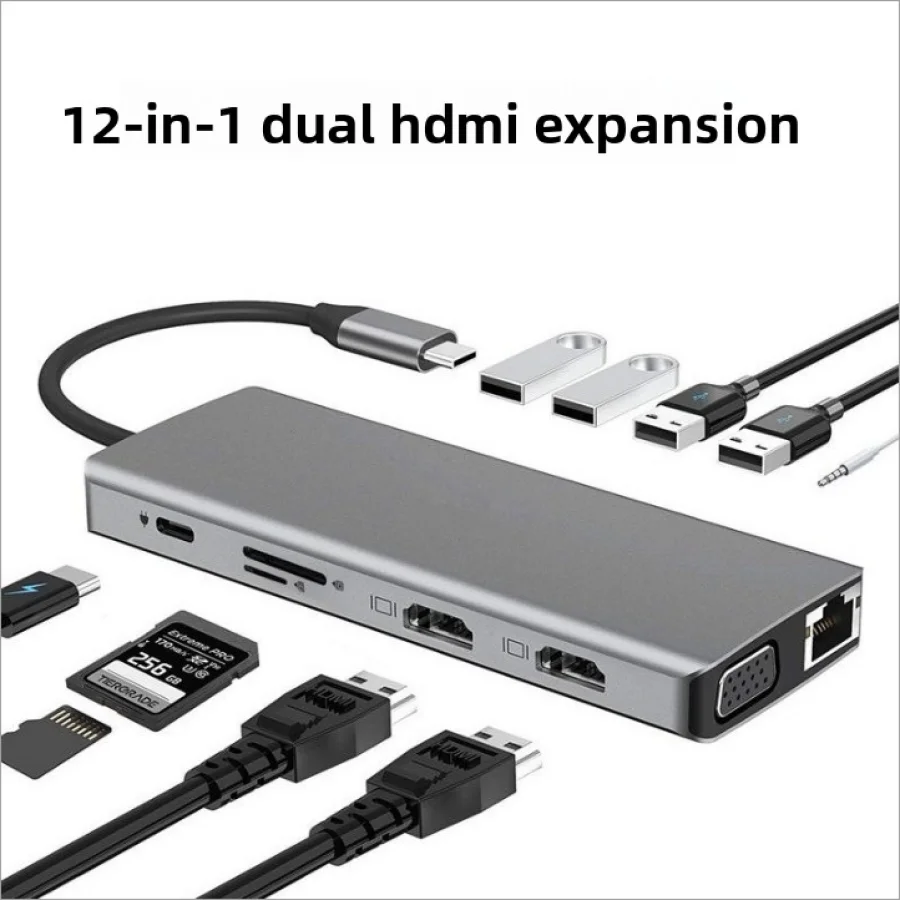12-in-1 USB-C Multiport Docking Station Aluminum Alloy Dual HDMI VGA Output Mirror Extend USB Hub for Type-C MacBook Laptops