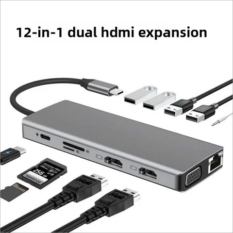 12-in-1 USB-C Multiport Docking Station Aluminum Alloy Dual HDMI VGA Output Mirror Extend USB Hub for Type-C MacBook Laptops