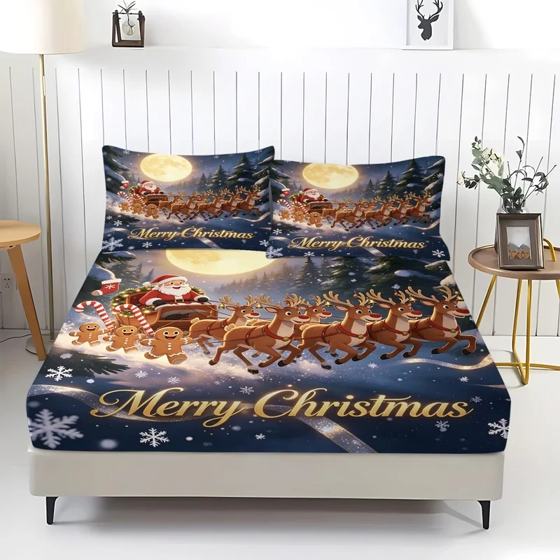 3Pcs Xmas Themed Fitted Sheet,Polyester,Full Size Options,Wash‑resistant,Cozy Santa Claus Christmas Print (No Pillowcase)
