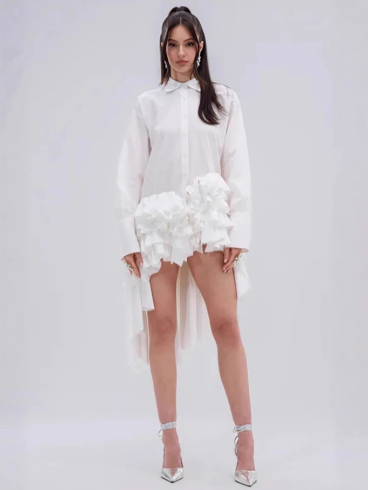 DEAT موضة الأبيض الجبهة قصيرة الظهر قميص طويل المرأة التلبيب غير المتماثلة تكدرت هيم بلوزة الخريف جديد 7A1516