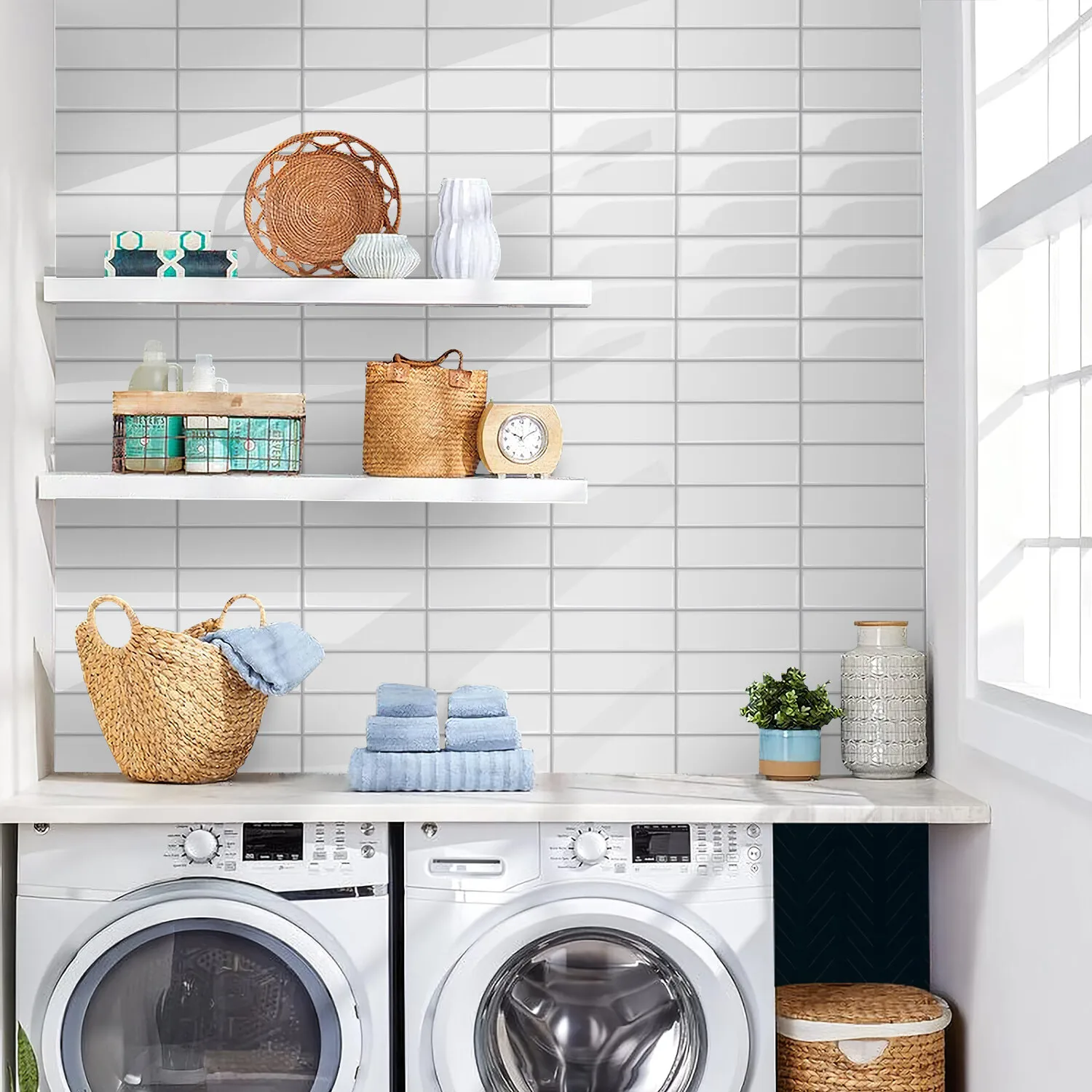 

5 Sheets 10"x10" Pure White 3D Peel and Stick Backsplash Tiles Glossy Self Adhesive Vinyl Wall Stickers, Waterproof Subway Tiles