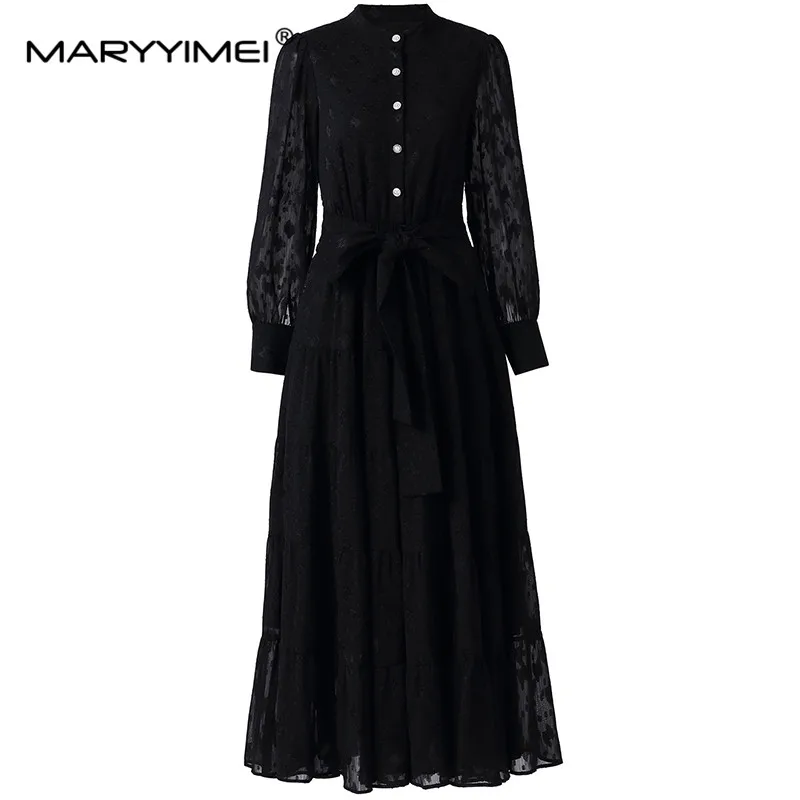 

MARYYIMEI Spring Autumn Fashion Designers Women's dress Long sleeved Flocking Lace up Elegant Dresses