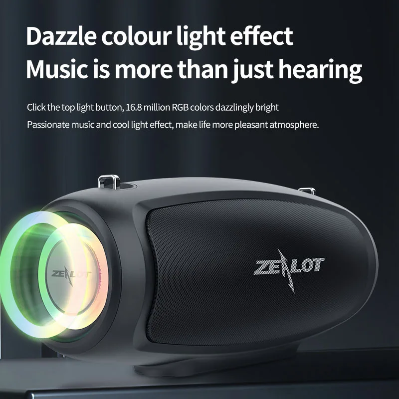 ZEALOT S37L Wireless Speaker Bluetooth Subwoofer Portable Heavy Bass Stereo RGB Lights Support Micro SD Card USB Disk Mic