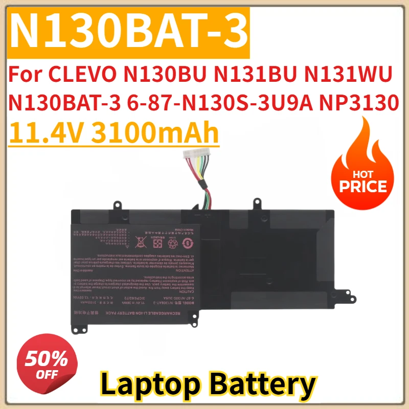 

New Replacement Laptop Battery 11.4V 3100mAh N130BAT-3 for CLEVO N130BU N131BU N131WU N130BAT-3 6-87-N130S-3U9A NP3130 Pro 13 14