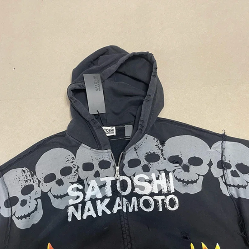 SATOSHI NAKAMOTO Hoodies Retro Washed Casual Skull Front Flame Graphics Hooded Sweatshirt