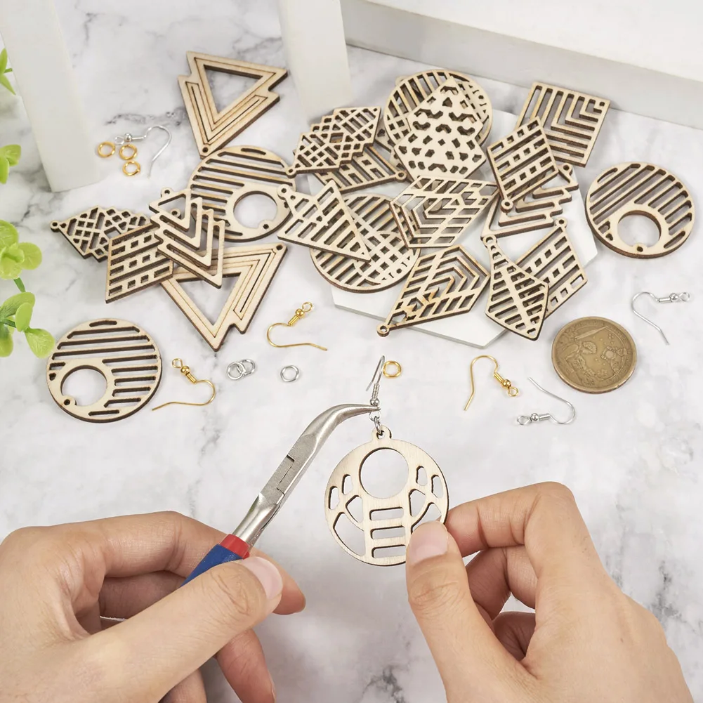 DIY Earring Making Kit Undyed Natural Hollow Wood Pendants Butterfly Geometry Charm Earring Hooks for DIY Jewelry Making Craft