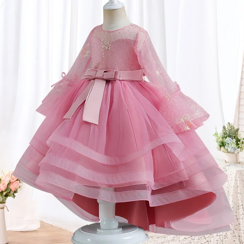 

Girls' fashion embroidery bow pompous skirt banquet formal dress 4-12 years old children's Sequin long sleeve Princess Dress