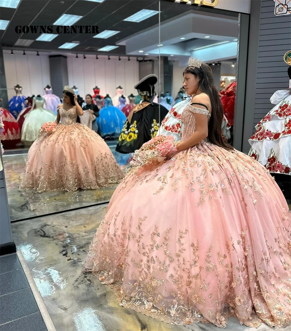 Роскошное розовое бальное платье Quinceanera с золотыми блестками и открытыми плечами 2024, мексиканское платье Charro vestido de 15 quinceañera