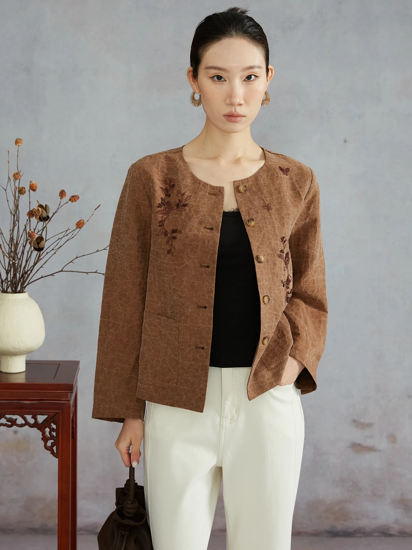 

Silviye Chinese Style round Neck Silk Jacket Women's Embroidered Yuchun Silk Outerwear Long Sleeve Traditional Floral Pattern