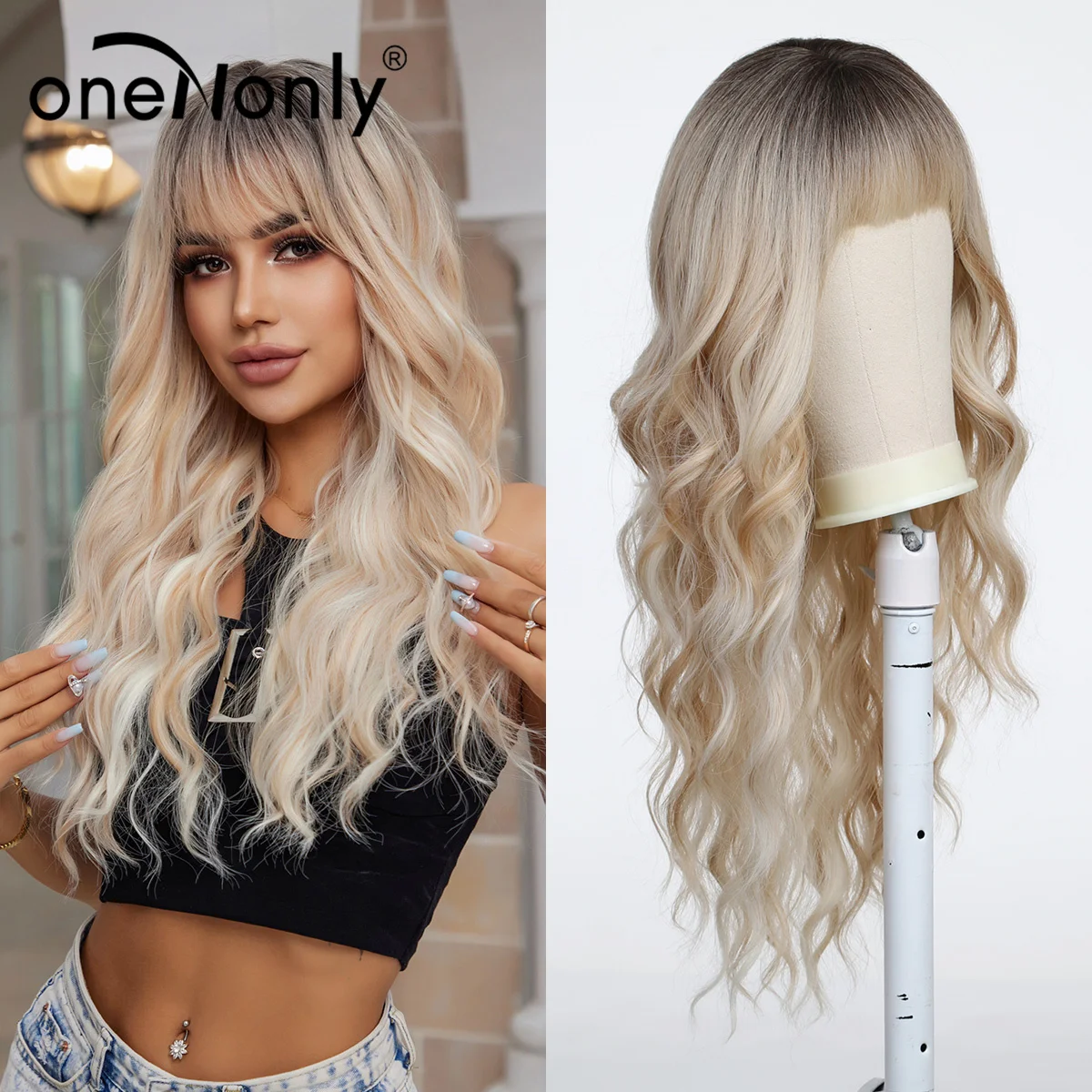 OneNonly Ombre Blonde Synthetic Wigs  for Women  Long Wavy Wigs with Bangs Daily Cosplay Party Use Heat Resistant Fiber