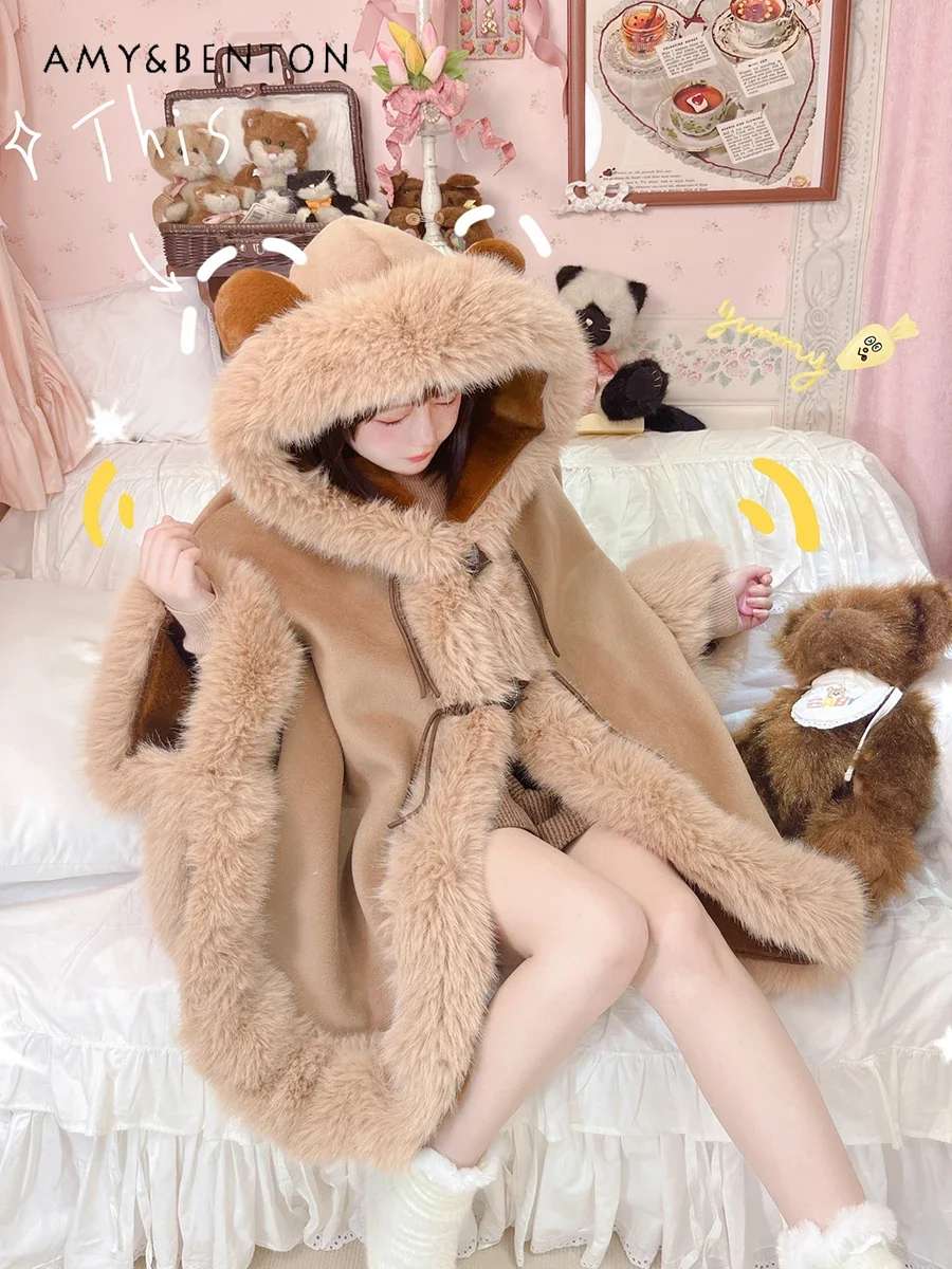 Lolita Cloak Thickened Wool Coat Women Winter New Japanese Sweet Cute Plush Flared Sleeves Lace Up Warm Kawaii Hooded Jackets