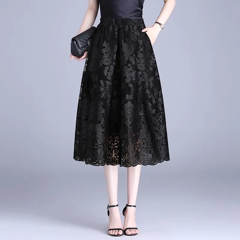 

Elegant Embroidered Tulle Skirt A-Line Mid-Length Summer Lace High-Waist New Style