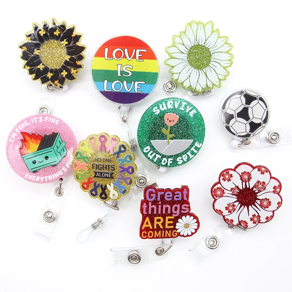 

10Pcs/Lot Acrylic Sunflower Badge Holder Glitter Plastic Ribbon Soccer Retractable Badge Reel For Nurse Accessories