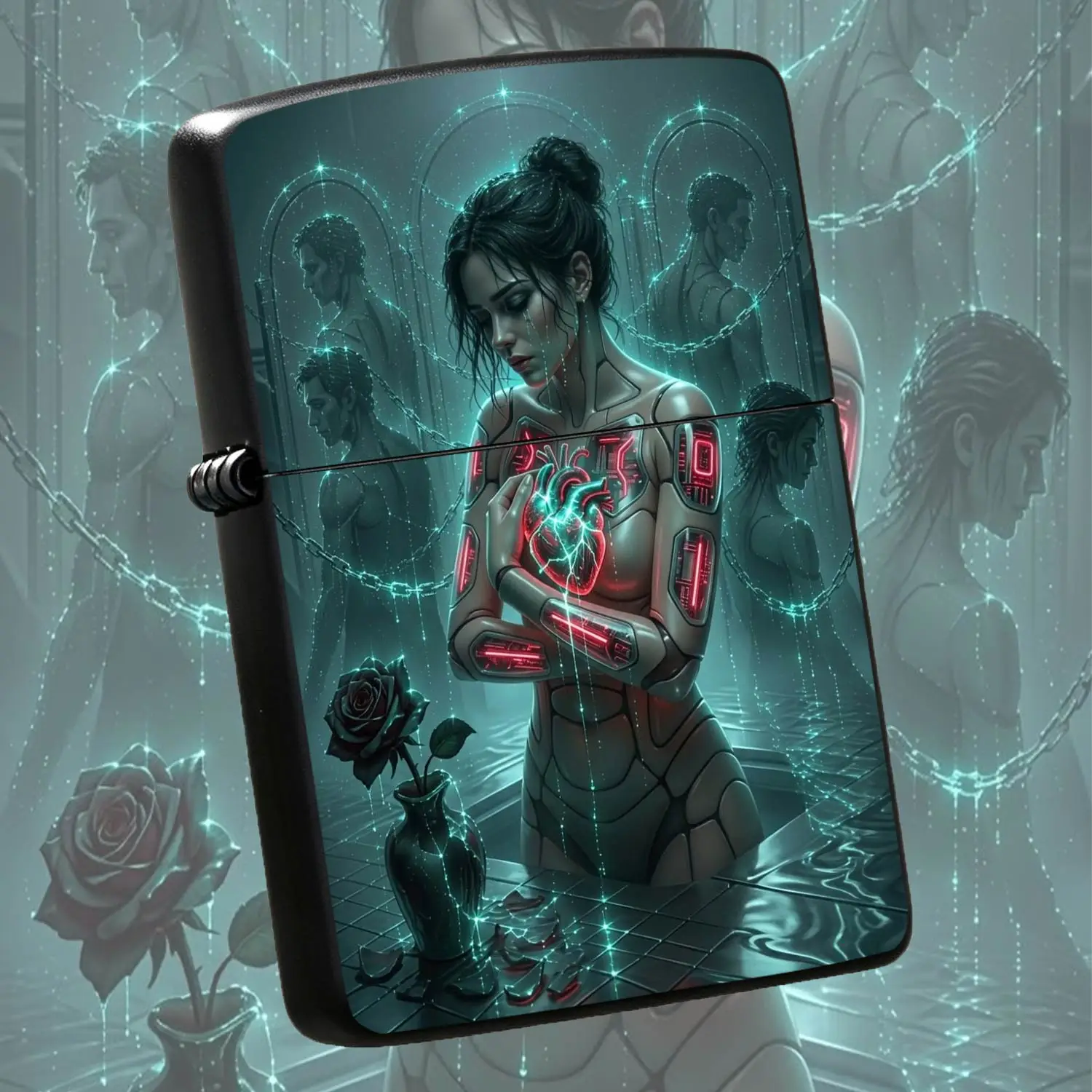 Cyber Cyborg Themed Lighter, Exquisite Sci-Fi Art Print, Portable All-Scene Ignition Tool, Unique Stylish Decor Accessory, Thoughtful Gift For Tech Aesthetic Lovers, Durable Daily Carry Item With Stunning Glowing Heart Robot Design A Humoro