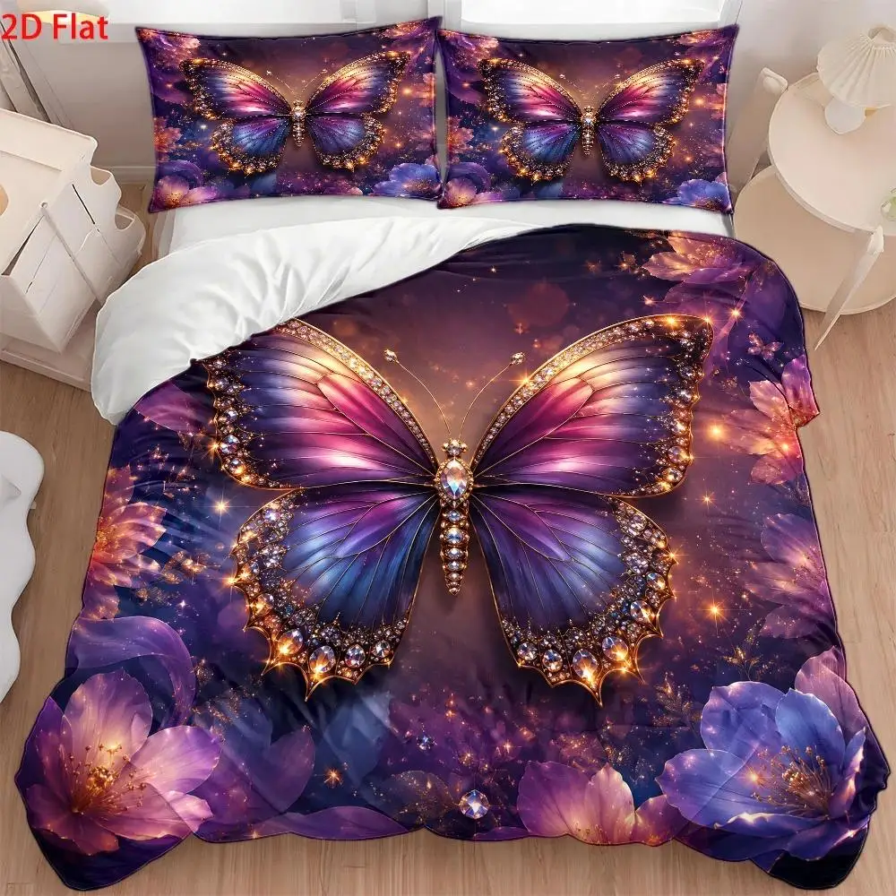 3Pc Light Luxury Style Butterfly Print Quilt Cover Set, 1*Quilt Cover + 2*Pillowcases, Nordic Style Double Bedding Set, Skin-Friendly Breathable Polyester Woven Bedding, Invisible Zipper Closure, Suitable for All Seasons, Soft and Comfortable, Easy to Clean, Durable, Machine Washable, Wrinkle-Resistant, Cozy Home Bedroom Decor, Suitable for Student Dormitory, Master Bedroom, Guest Room, Quilted Duvet Cover for Large Double Bed, Modern Minimalist 3Pcs Bedding Set