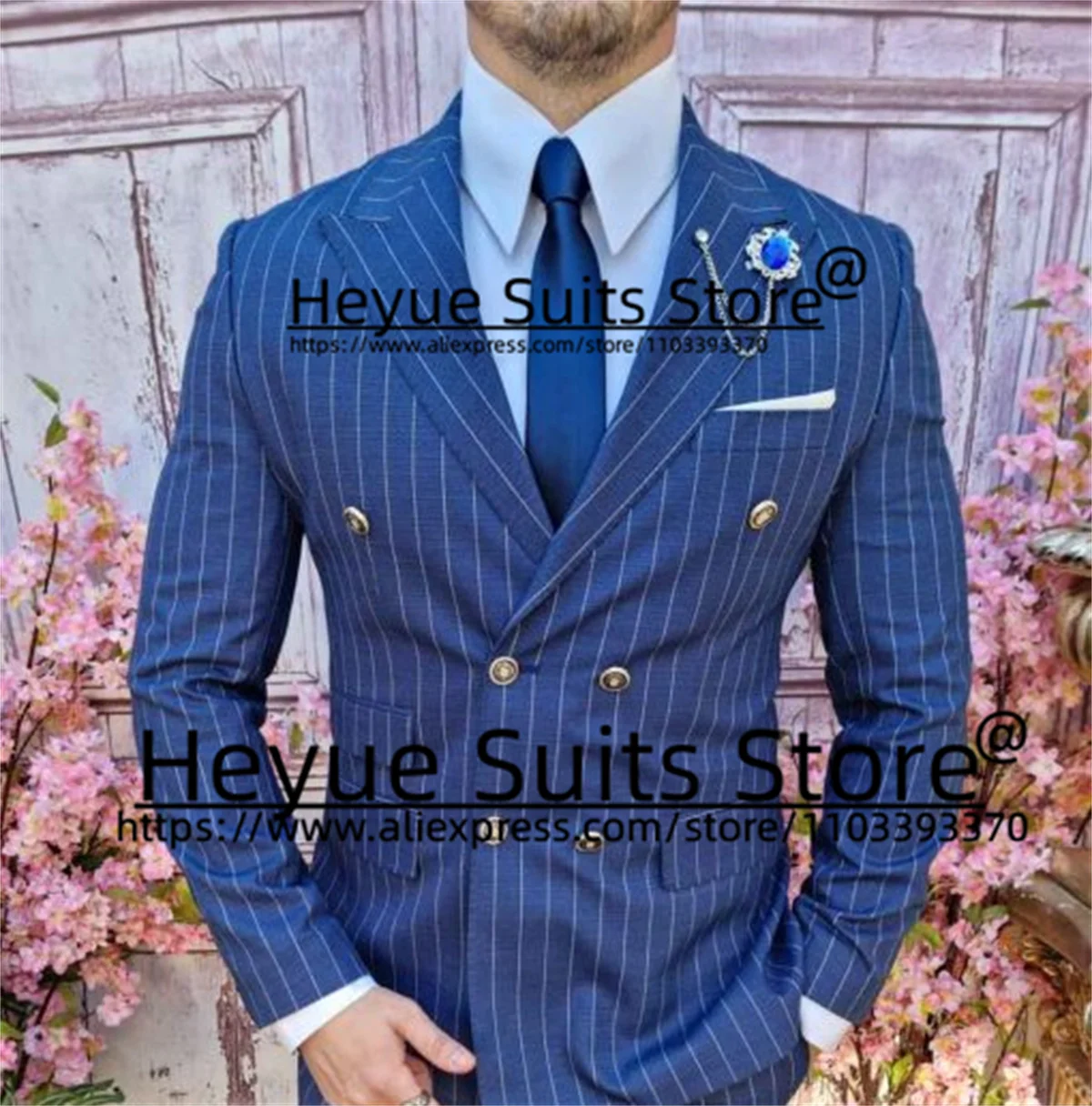 Ternos de listra azul marinho masculino, ternos de negócios, slim fit, trespassado, sking do noivo, feitos sob medida, conjuntos 2 pcs