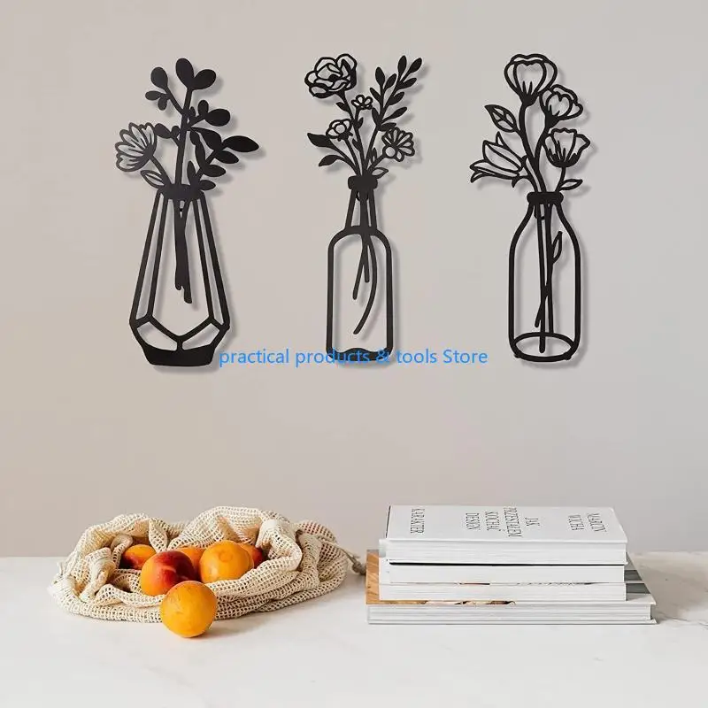 77JB 3 PCS Metal Flower Decor Decor Metal Wall Sulpture for Vaio Coalcony Black Metal Wall Decor