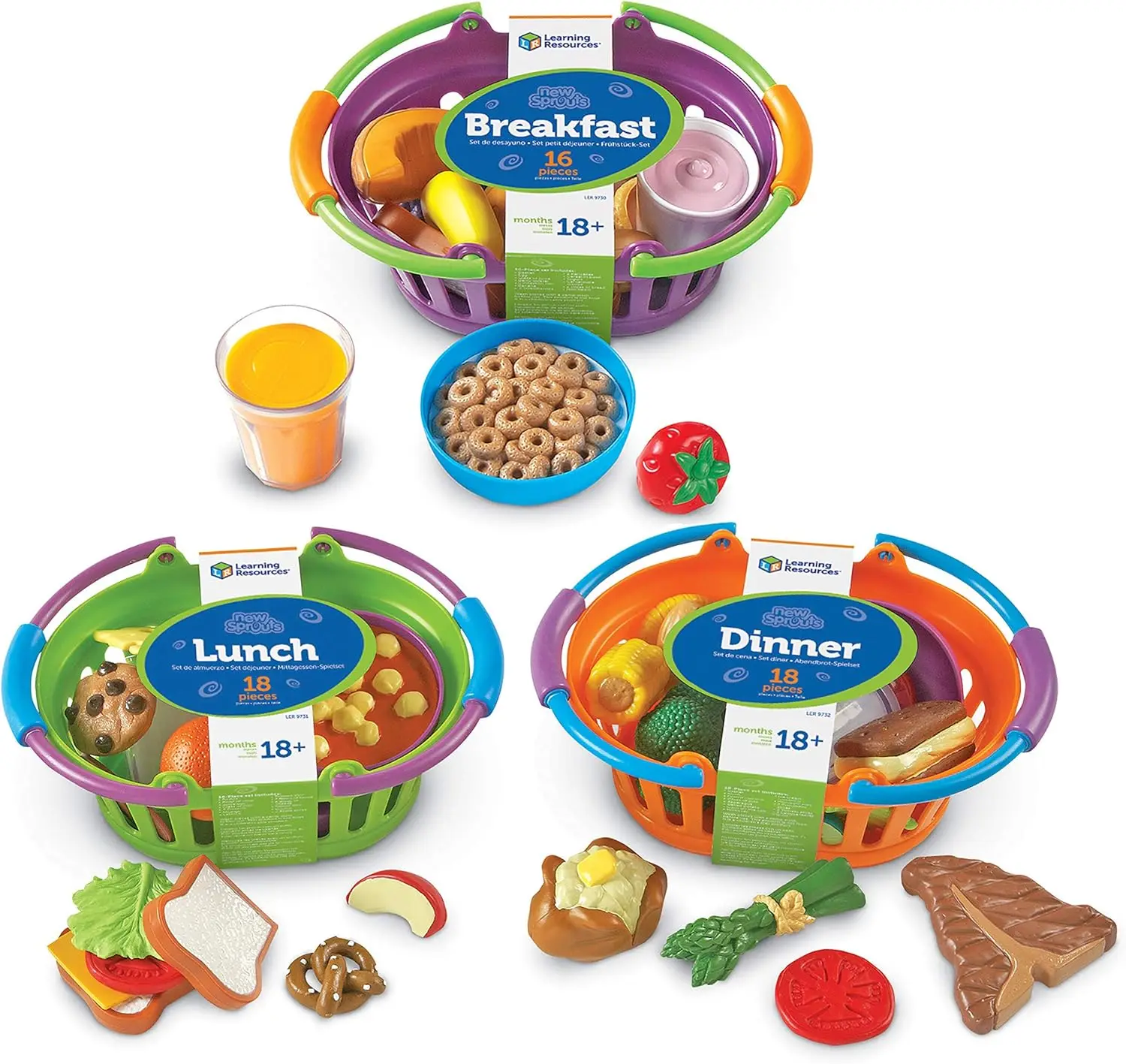 Bundle of Breakfast, Lunch and Dinner - 3 Sets, Ages 18+ months Toddler Educational Supermarket Pretend Play Food Toys