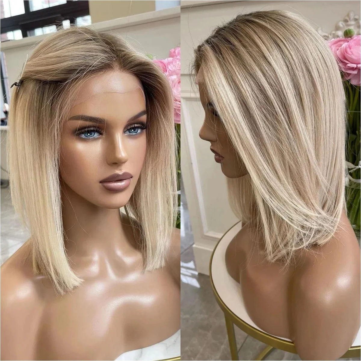 

Модный прямой боб 13x4, блондинка с омбре, синтетический HD парик спереди, вечерние, косплей, повседневный парик, предварительно выщипанные волосы, бесклеевые парики