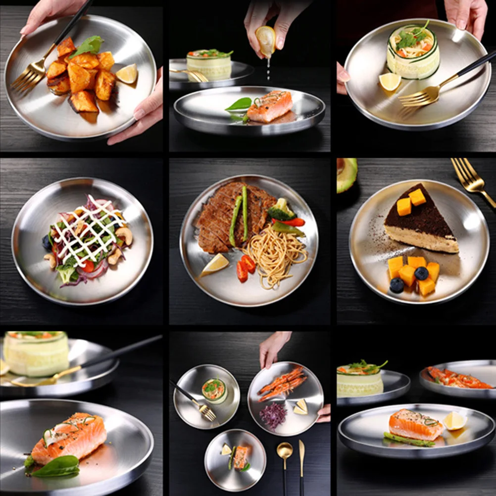 

304 Stainless Steel Double-Wall Round Dish Shallow Plate 17cm Heat Insulation Non-Slip Dinner Plate Lightweight