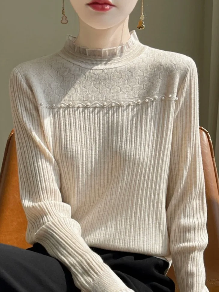 

Casual Sle Women's Lace Knitted Base irt Inner Wear Faionable Bead Embellied Sweater Soft Wool Blend Long Sve Top