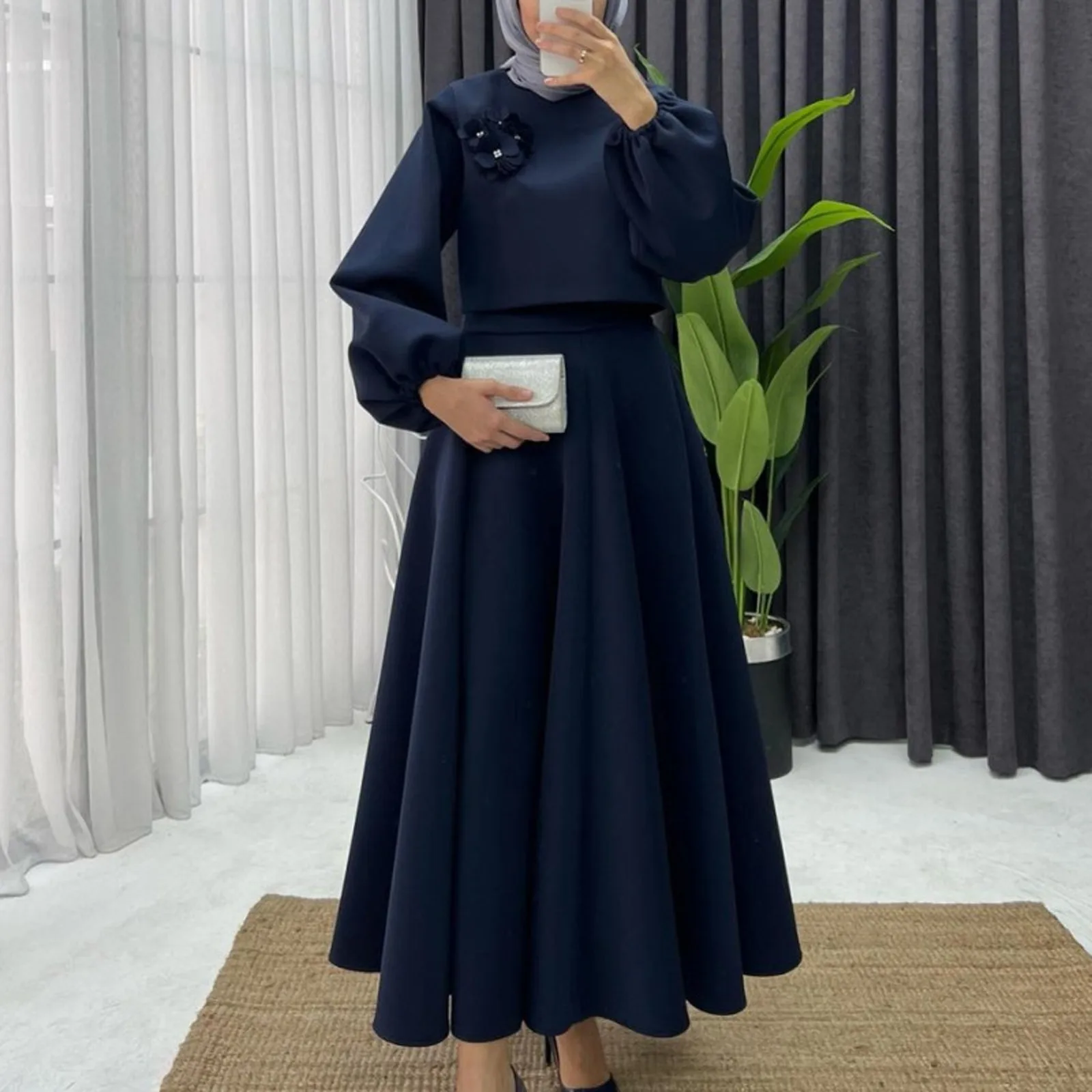 Muslim Elegant 2 Piece Set Women Lantern Sleeve Flower Crop Top High Waist A-line Skirt Suit 2024 Spring Lady Abaya Turkey Sets