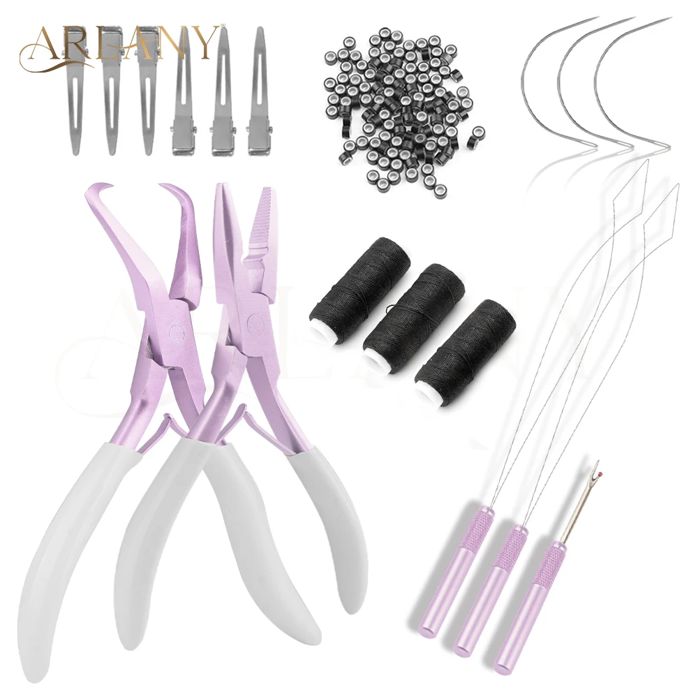 ARLANY Stainless Hair Extension Pliers Kit Hair Extension Beading Tool Kit 200Pcs 4mm Silicone Micro Beads Sewing Needles