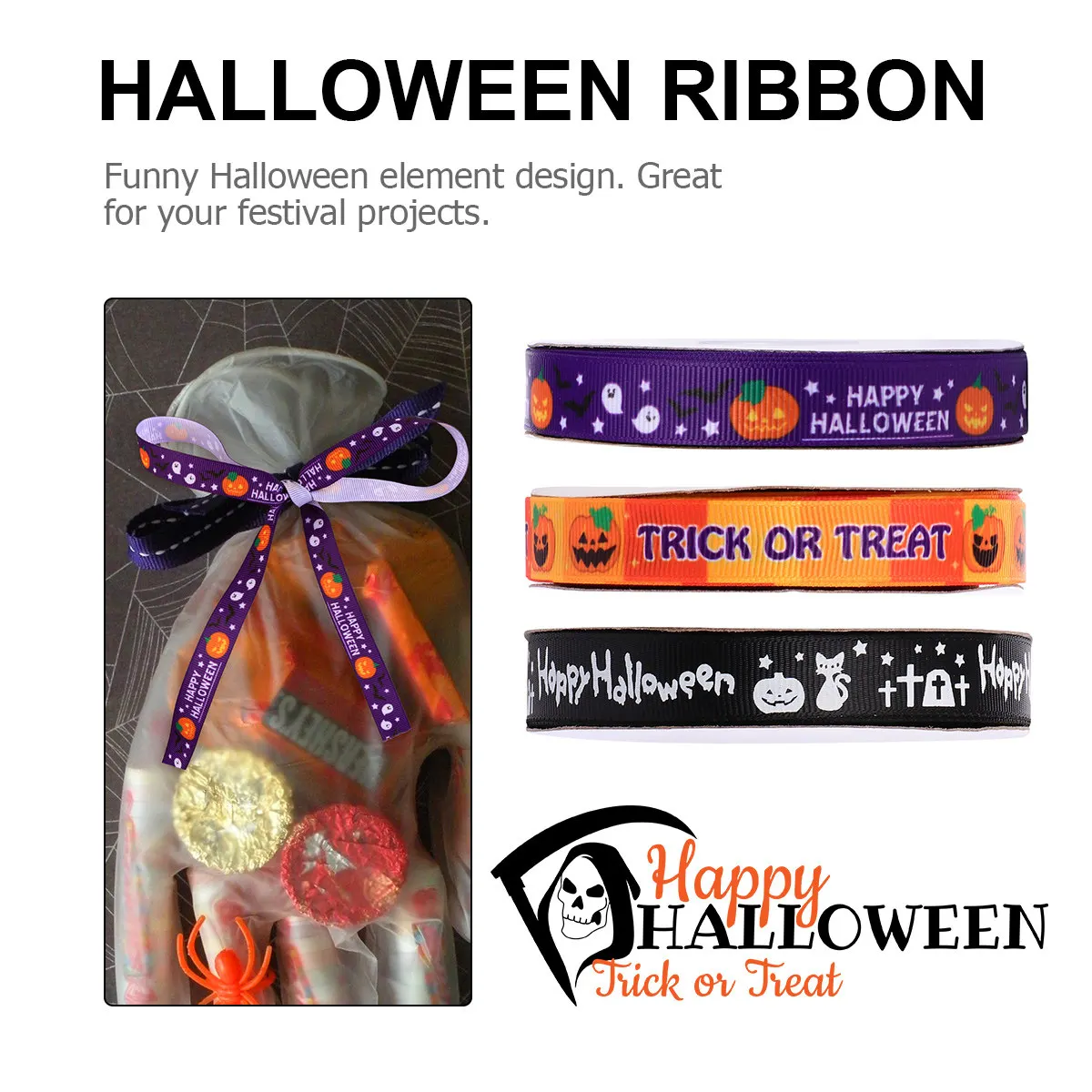 

Набор из 3 полиэстеровых лент для декора: с принтом на тему Хэллоуина, для воздушных шаров, для рукоделия, идеально подходят для упаковки подарков