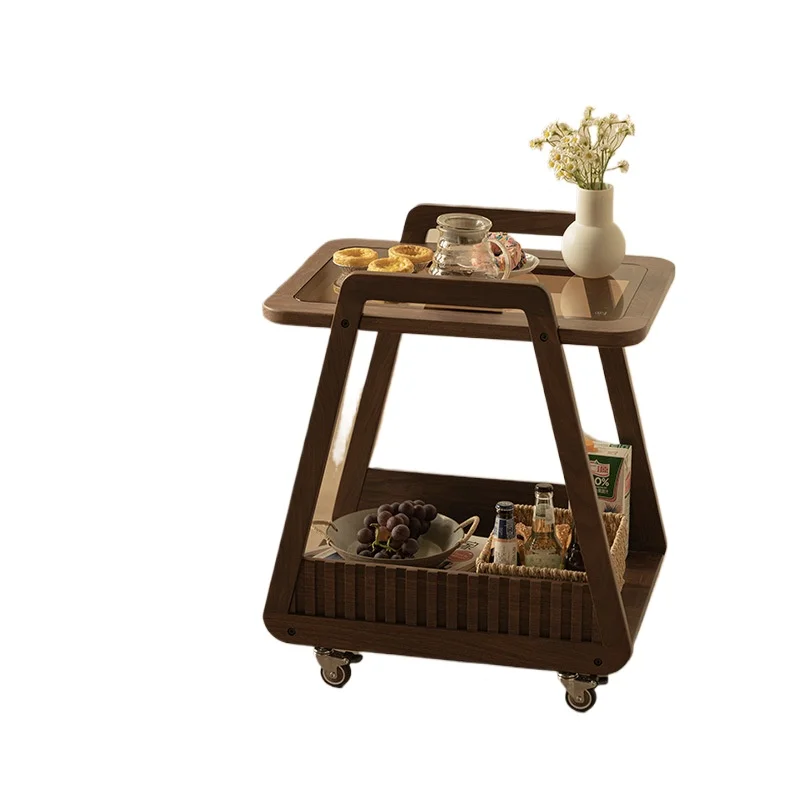 Solid wood sofa side table removable wheeled coffee table high-end black walnut living room trolley