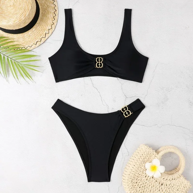 U Neck High Waist Bikini Sets Swimsuit For Women Black Sexy Two Pieces Beachwear 2024 Bathing Suit Swimwear