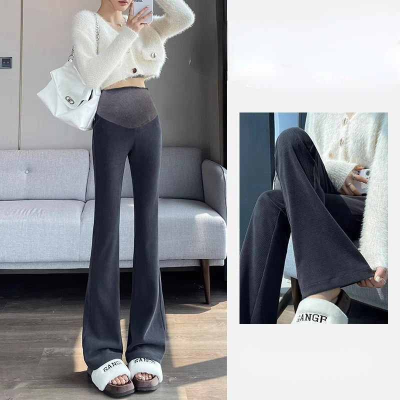 Maternity Pants Outer Wear Autumn Winter Petite Flared Pants Lengthened Wide-Legged Pants Padded Thickened Pregnant Clothes