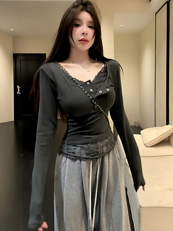 

Women's Slim Fit Long Sve T-irt V-Ne Lace Patchwork Spring 2026 Faionable Casual Top Breathable Comfortable Skin-Fri...