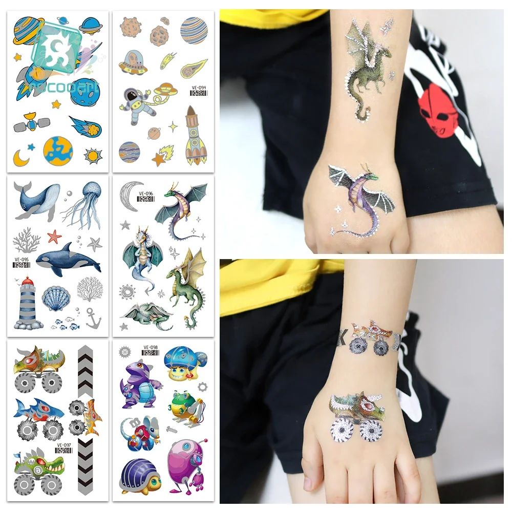 Silver Cartoon Tattoo Stickers For Kids Beast of Prey Space Waterproof Temporary Tattoos Dino Tiger Animal Fake Tattoo Body Art