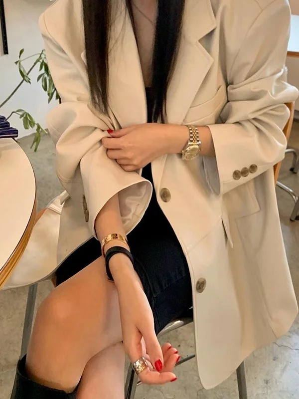 

Faionable Bla из искусственной кожи, женский шикарный длинный костюм-свеч, верхняя одежда с воротником, высококачественный дизайнерский топ средней длины