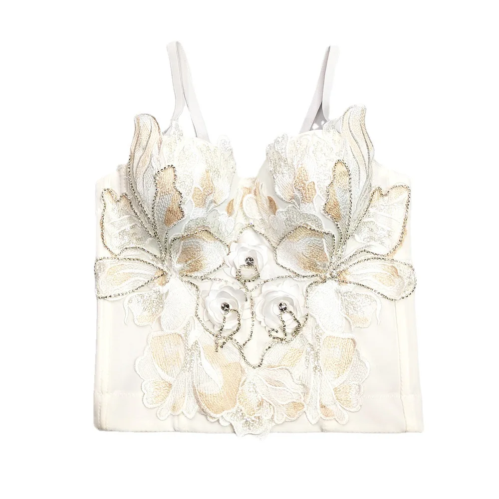 

Unique Design French Corset Bra, White Beaded Embroidery Bustier with Boning, Slimming Strapless Underwire Top