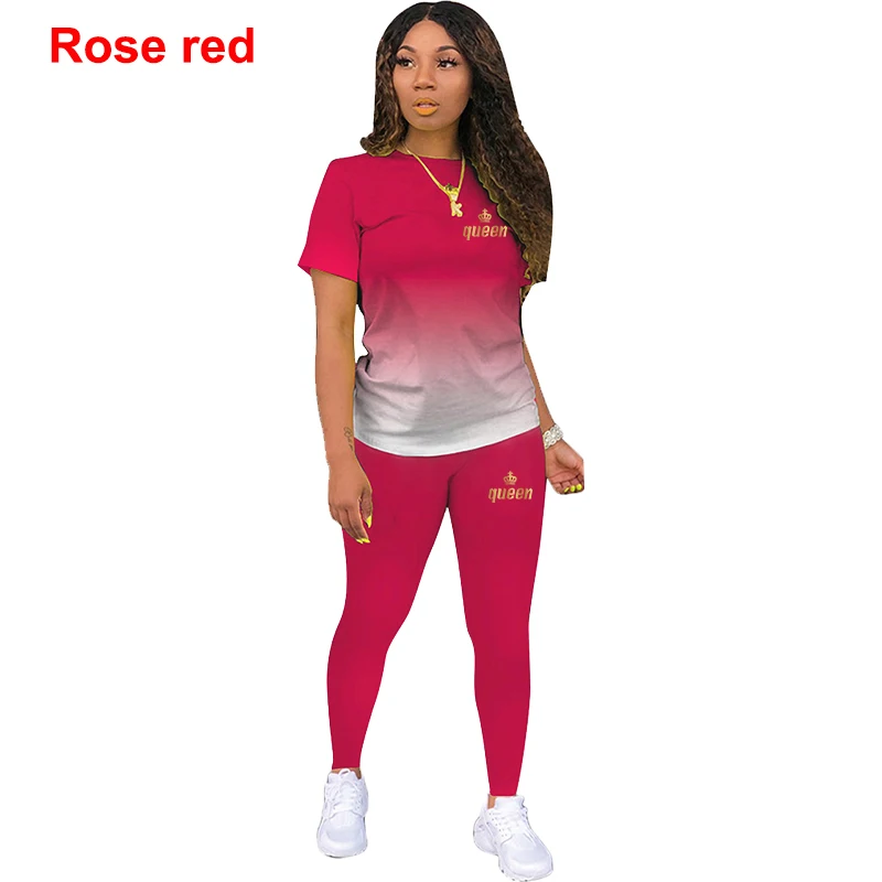 Summer Two Piece Outfits For Yoga Fitness Athletic Sets Printed Gradient T Shirt Leggings Women's Short Sleeve Sportwear S-3XL