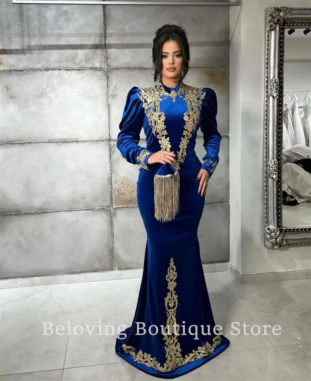 Moroccan Kaftans Appliques Mermaid Evening Dresses 2024 Robes Arabic Long Sleeves Prom Dress Muslim Beaded Wedding Party Gowns