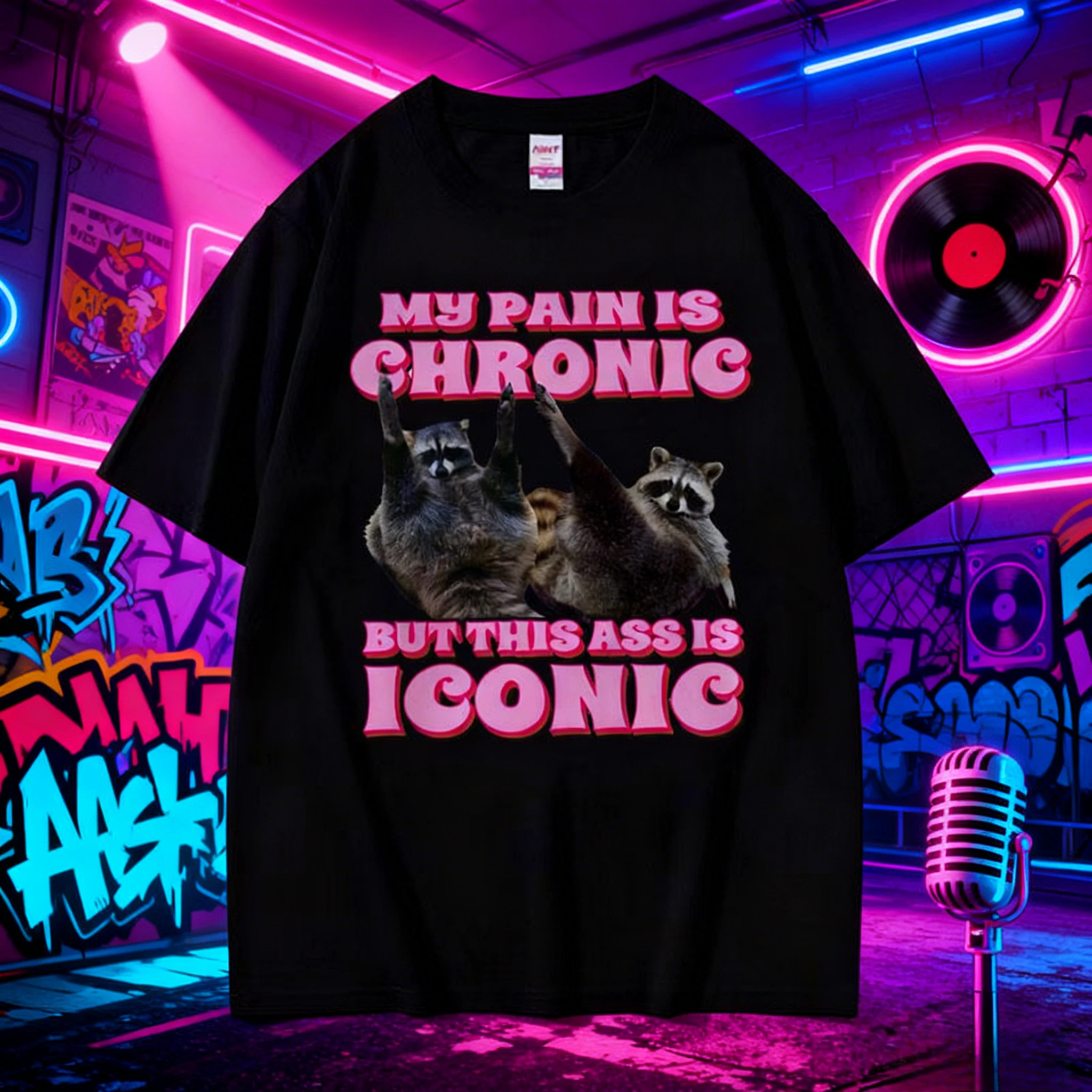 

2025-26 Summer Fun Raccoon Meme100% Pure Cotton Printed Pattern T-shirt Outdoor Casual Breathable and Comfortable Top Yuk