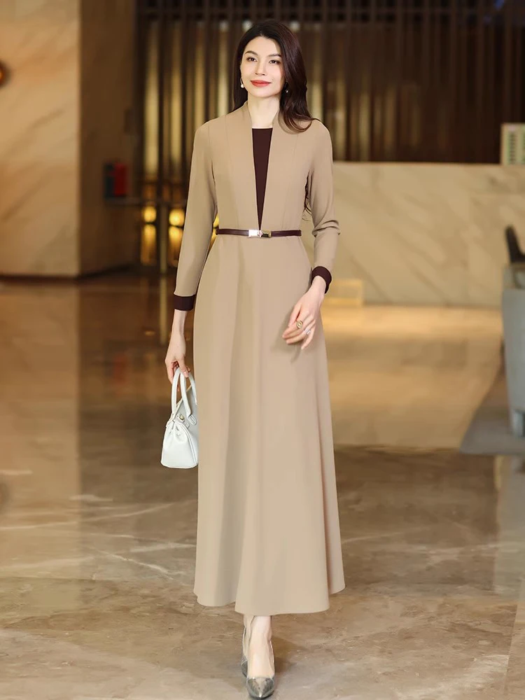 신규 여성 봄 가을 작업복 드레스 패션 패치워크 브이넥 긴 소매 슬림 웨이스트 오피스 레이디 드레스 우아한 젠틀 드레스