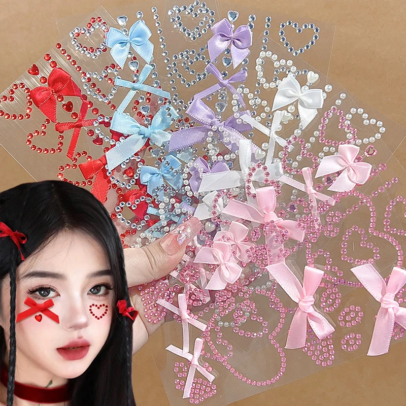 Love Shape Rhinestone Ribbon Bow Facial Stickers Pink Red Ballet Gentle Style Temporary Tattoos Easy To Apply and Remove Sticker